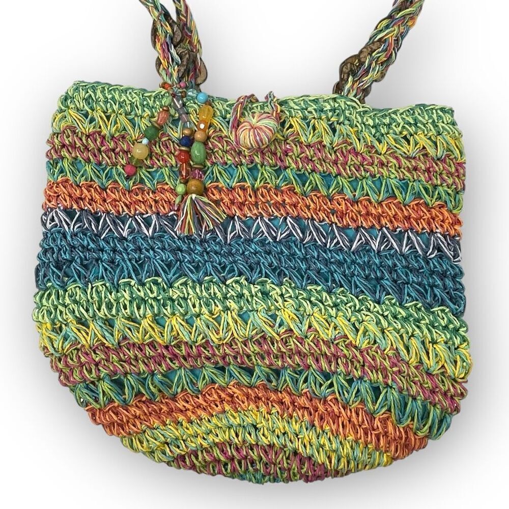 Cappelli Straworld Inc Rainbow Multicolored Boho Straw Woven Shoulder Bag Purse - Picture 2 of 12